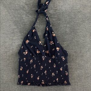American Eagle Outfitters Navy Floral Halter Smocked Tank